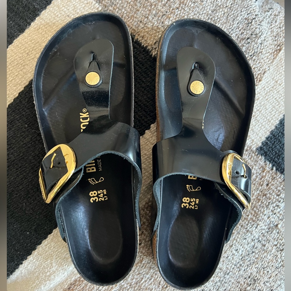 Worn only once size 38 black gizeh high shine big buckle Birkenstocks!